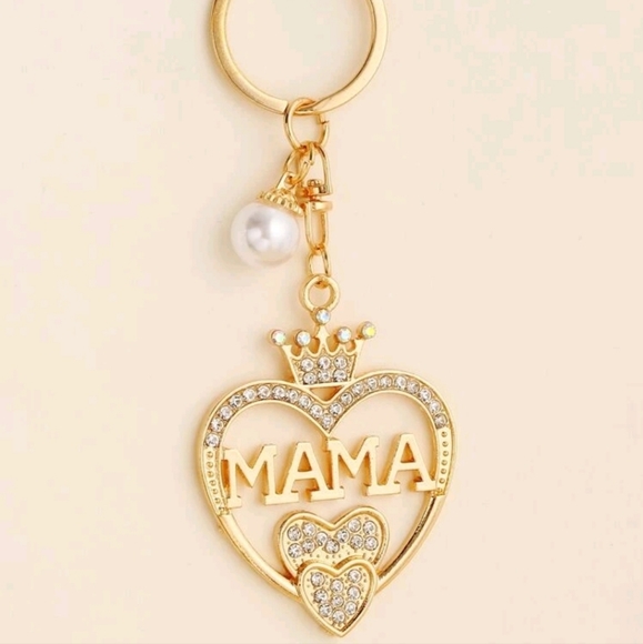 Mama Faux Pearl and Rhinestone Heart Charm Keychain - Picture 1 of 8